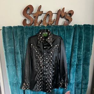 Vintage Larry Mahan Black Satin Embroidered Western Shirt ✨